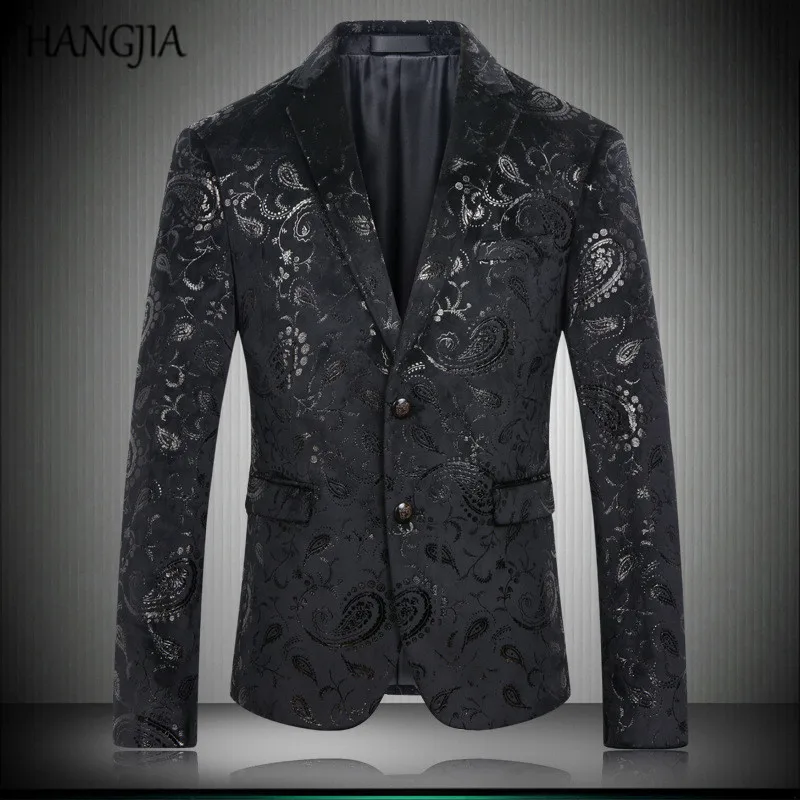 Mens Black Embroidered Blazers Paisley Floral Pattern Suit Jacket Slim