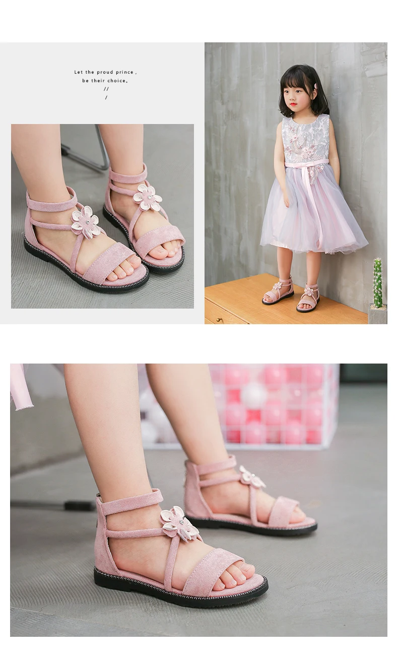 Детская обувь летние босоножки для девочек босоножки-гладиаторы на плоской подошве, Для детей от 3 до 9 лет старый детская обувь для принцесс; обувь в римском стиле большого размера для девочек замшевые цветы