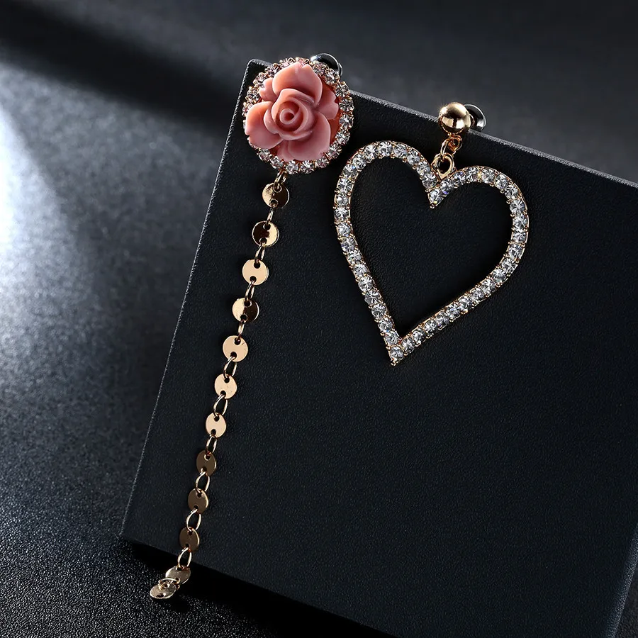 

Wedding Asymmetric Drop Earrings for Women Korean Big Crystal Heart Pink Resin Flower Tassel Dangle Earring Trendy Jewelry 2018