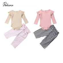 Брендовая Милая Одежда для новорожденных девочек осенний боди с длинными рукавами, однотонные Топы штаны в полоску, комплект одежды из 2 предметов