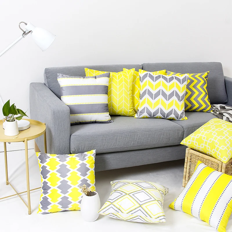 Yellow Grey Geometric Cushion Cover Supersoft Velvet Pillow Cover