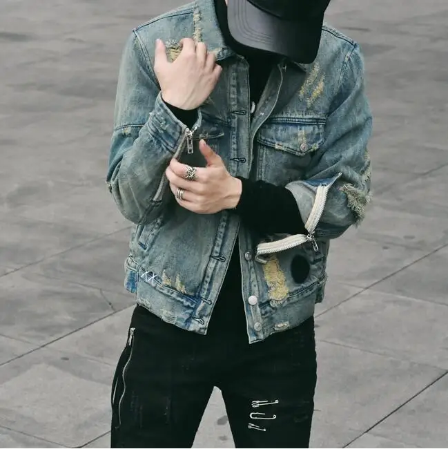 Новые мужские джинсовые куртки с граффити в стиле хип-хоп панк, Молодежные Мужские Винтажные черные Мотоциклетные Куртки с дырками, Ковбойское пальто