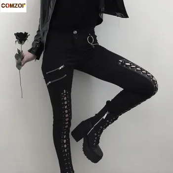 

Hot sale women bandage personality pants black patchwork zipper fashion punk hip hop streetwear womens trousers pantalon mujer