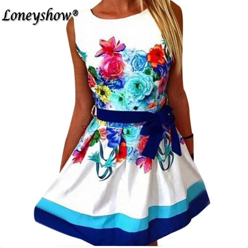 

Loneyshow Women 2018 Fashion Print Dress Retro O Neck Printing Sleeveless Women Dress Sexy Party Dresses vestidos Large Size