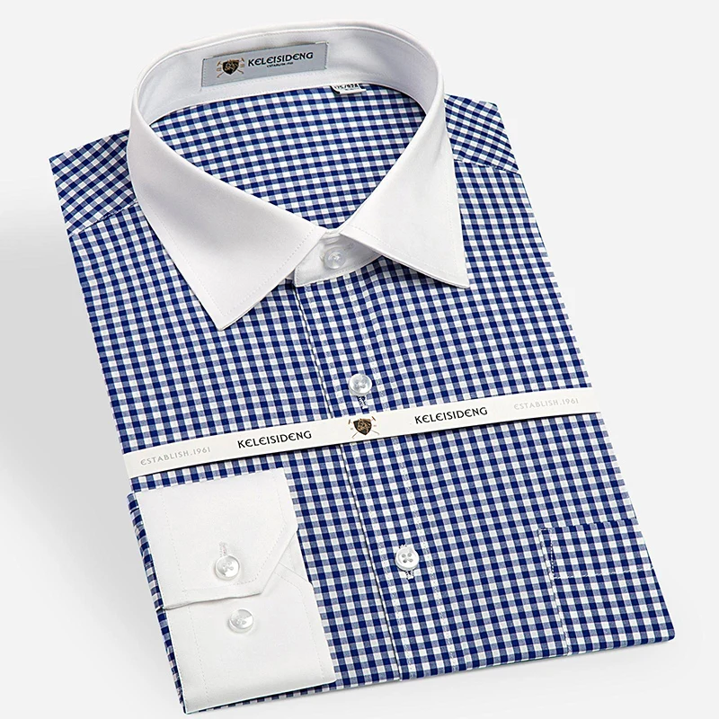 Slim Fit Male Shirt Fashion Mens Business Patchwork Button Casual Plaid White