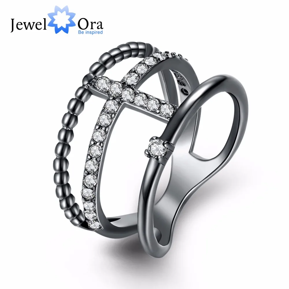 Geometric Design Cubic Zirconia Party Accessorise Black Gun Color Rings For Womens Fashion Jewelry (JewelOra RI103321)