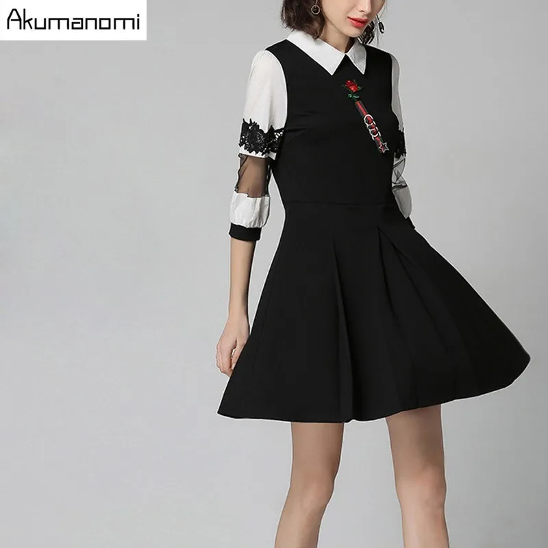 Spring Dress Peter Pan Collar Lace Voilev Patchwork Three Quarter Sleeve Rose Draped Women's Clothes Dress Plus Size 5XL 4XL 3XL