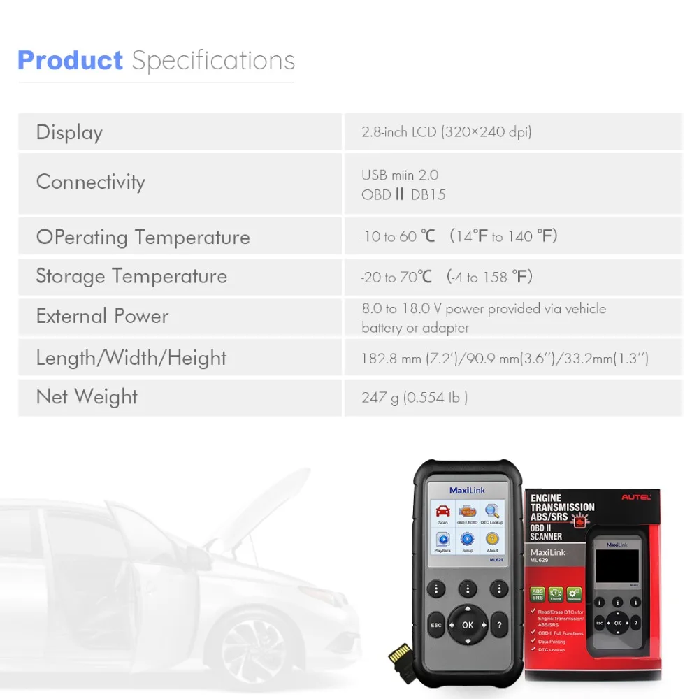 Autel ML629 OBD2 автоматический диагностический инструмент может считывать код сканер автомобильный сканирующий инструмент CAN ABS SRS передача двигателя