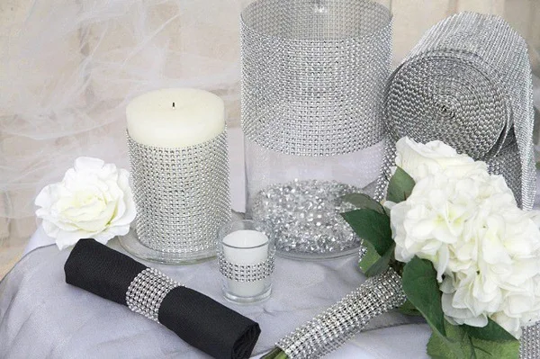 IBOWS 40cm Diamond Mesh Wrap Ribbon Bling Silver Rhinestone Mesh Roll Tape Tulle Crystal Ribbon Cake Wedding Decoration