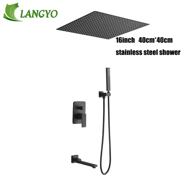Langyo Br Square Black Shower Set Bathroom 16inch Rain Langyo Br Square Black Shower Set Bathroom 16inch Rain Head Faucet Ceiling Arm Diverter Mixer Handheld