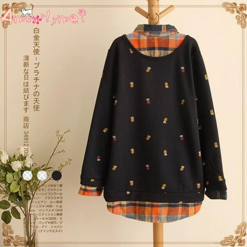 Осенние поддельные два пуловера женская блузка с длинным рукавом с принтом ананаса японский стиль Mori Girl рубашка размера плюс Топы M-4XL