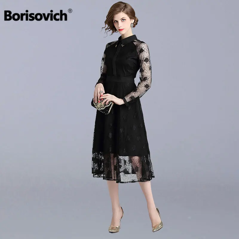 

Borisovich Luxury Elegant Party Dress New Brand 2018 Autumn England Style Hollow Out Black Lace Women Casual Long Dresses M866