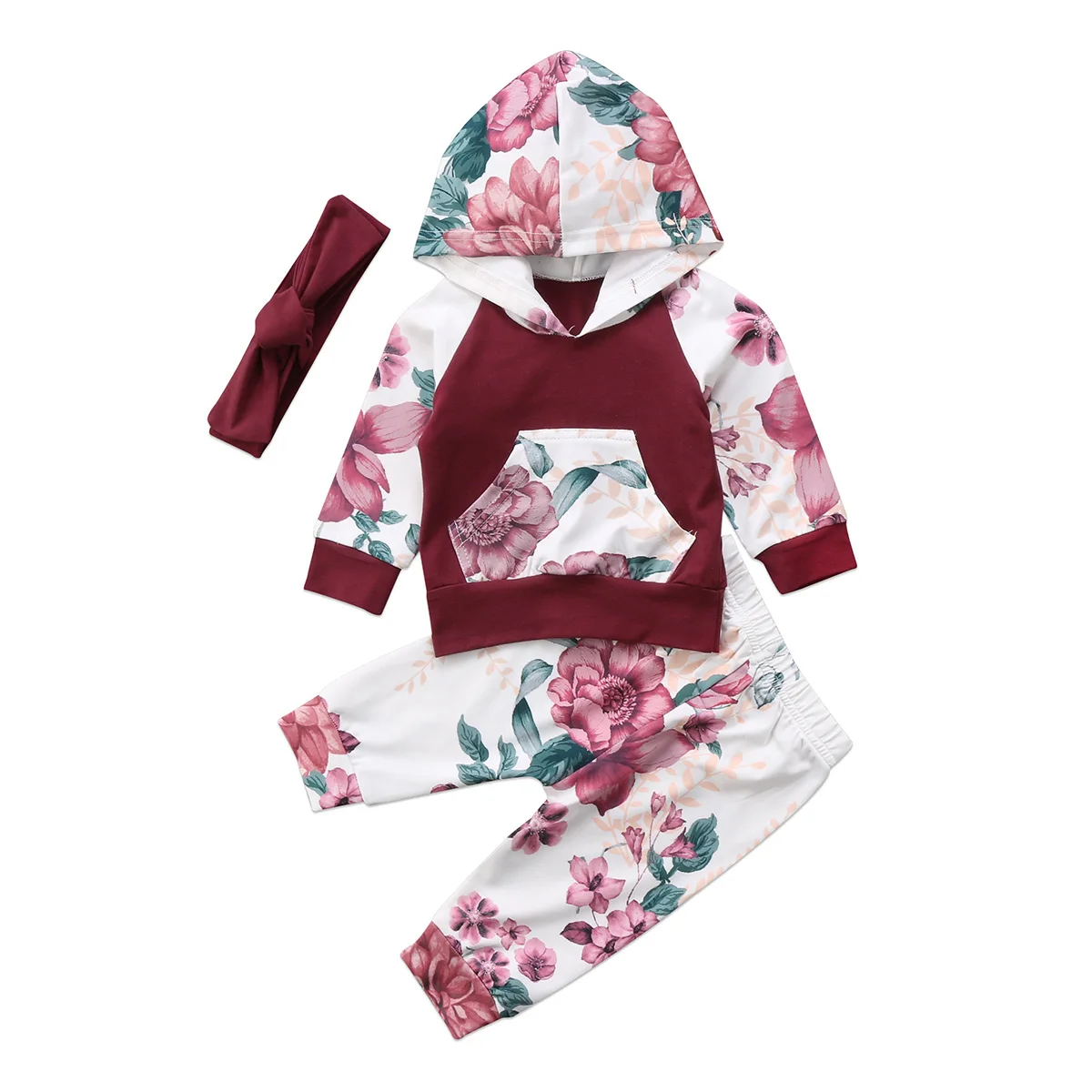 

2018 Toddler Baby Girls Winter Outfits Clothes Long Sleeves Hoodie Tops+Floral Pants+Headband 3PCS Set