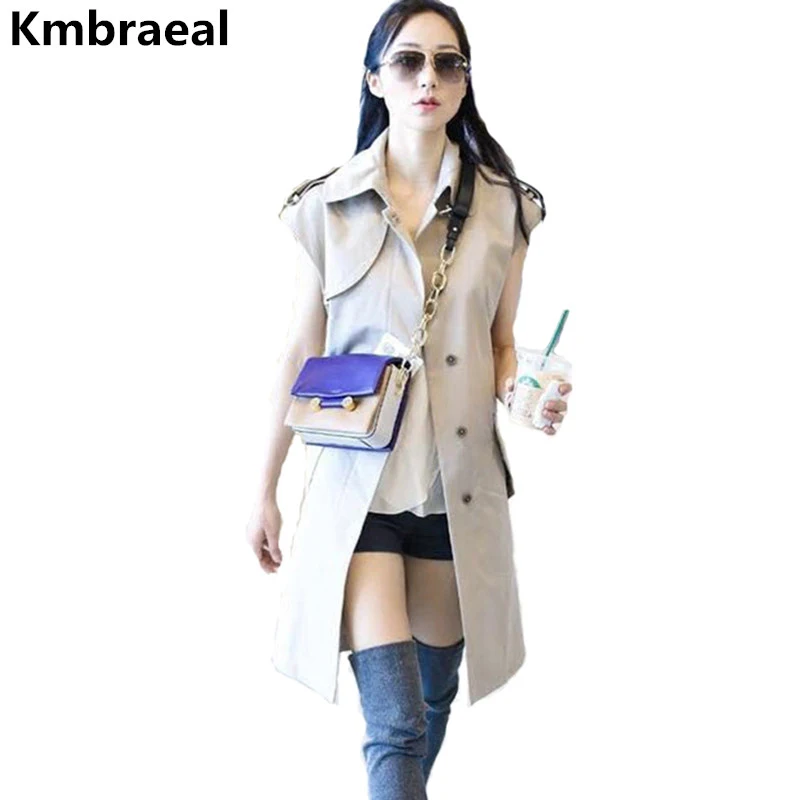 

Korean Runway Women Sexy Sleeveless Vest Trench Coat Summer Single-breasted Belt Tank Dress Turn-Down Collar Long Coat Outerwear