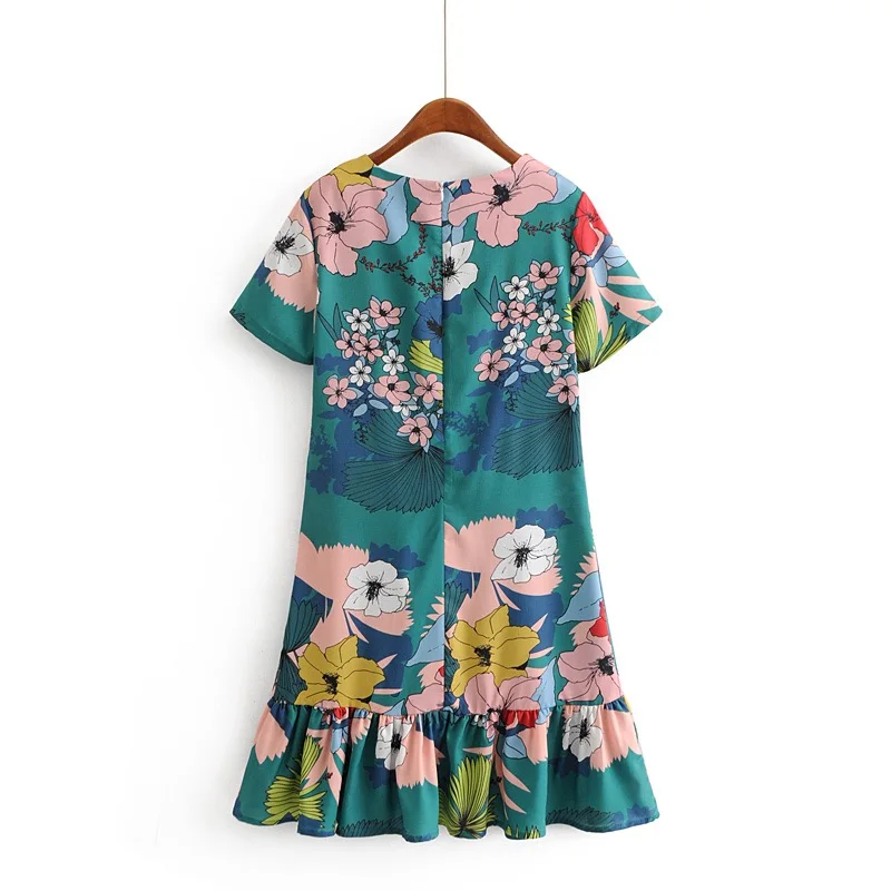 VOGUEIN New Womens Summer Green Short Sleeve O-Neck Floral Print Mini Dress Wholesale