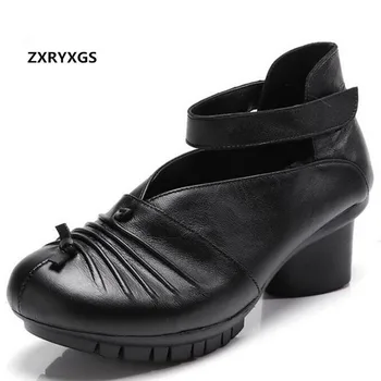 

2019 spring new retro soft cow leather shoes woman comfortable Non-slip high heels elegant Folds women fashion shoes women pumps