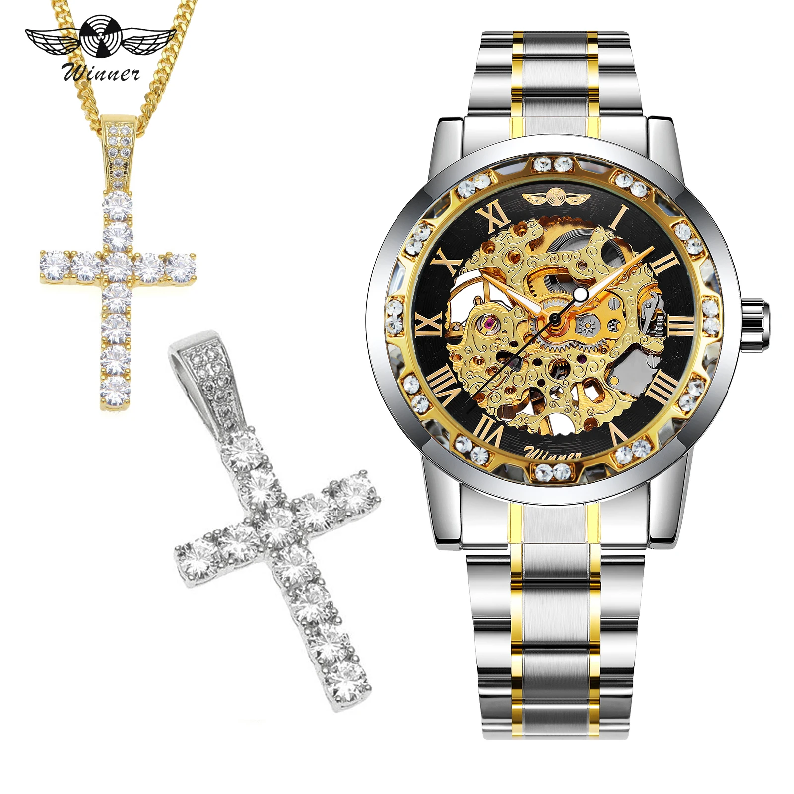 

WINNER Official Mechanical Mens Watches Top Brand Luxury Steel Strap Hip Hop Punk Jewelry Set + Iced Out Golden Cross Necklace
