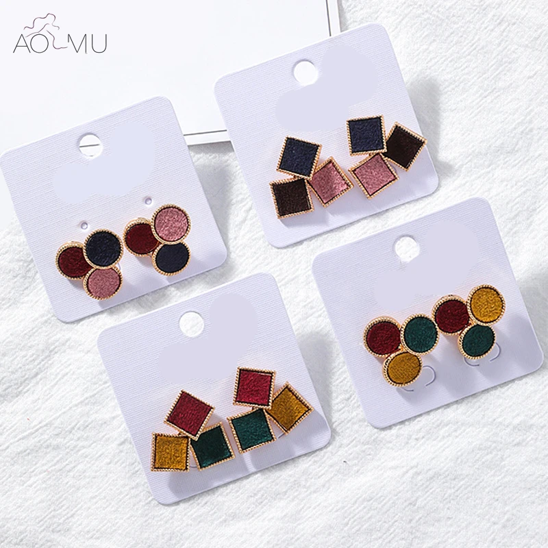 

AOMU Japan Korea Simple Three Color Patch Square Suede Stud Earrings Set Geometric Box Round Circle Velvet Earrings for Women