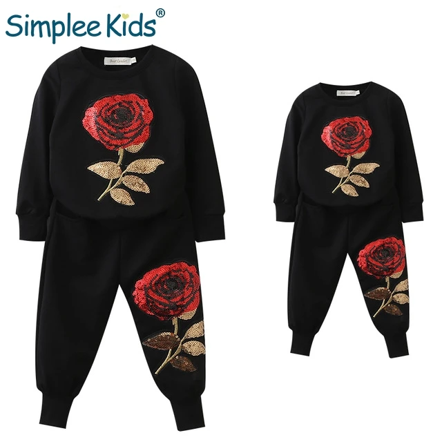 

Simplee Kids Fashion family matching outfits with rose pattern print Casual sport style set clothes cotton white black travel
