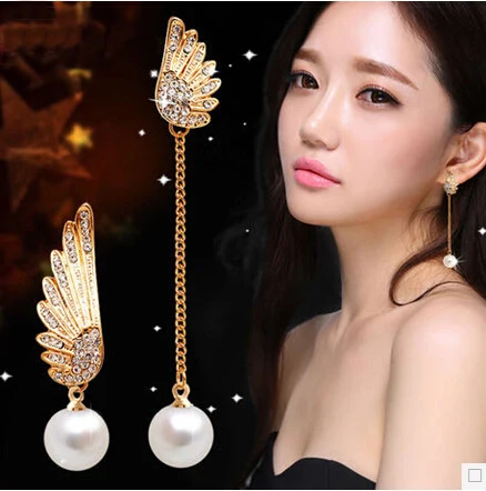 

Fashion Luxury Eardrop Jewelry Asymmetry Long Angel Wings Pearl Earrings For Women Brincos AE009