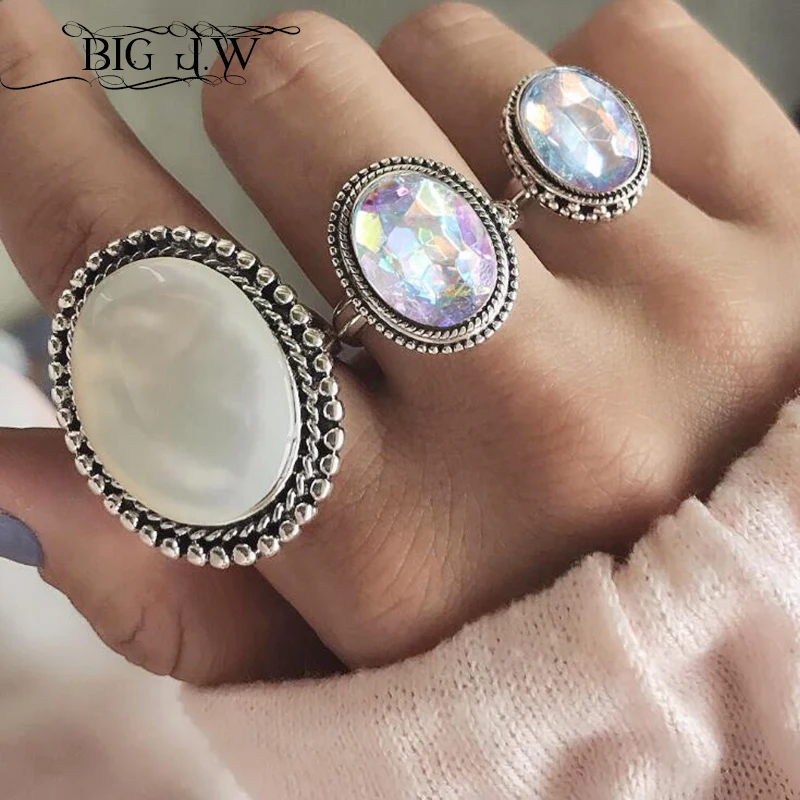 

BIG J.W Bohemia Oval Colorful Opal Stone Midi Finger Rings Set for Women Antique Silver Knuckle Ring Jewelry Accessories 3pc/Set