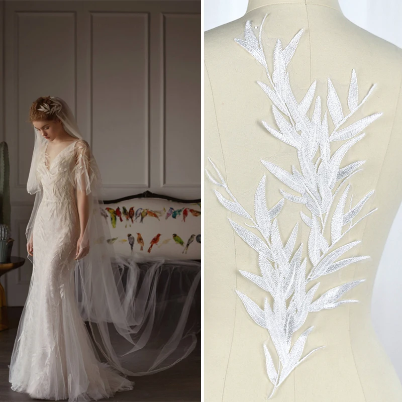 

2Pieces Bamboo Leaf Embroidery Lace Flower Wedding Dress Top Yarn Handmade DIY Material Clothing Decoration Accessories