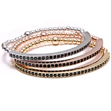 Doble bar pulsera para hombre elástico pulsera 24 k chapado en oro perlas incrustaciones cz micro pave zircon hombres elásticos pulseras de acero inoxidable