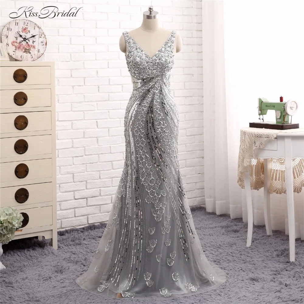 

Mermaid Evening Dresses Long Vestido de Festa V Neck Crystal Bead Tulle Formal Prom Party Gown Abendkleider Robe de Soiree 2017