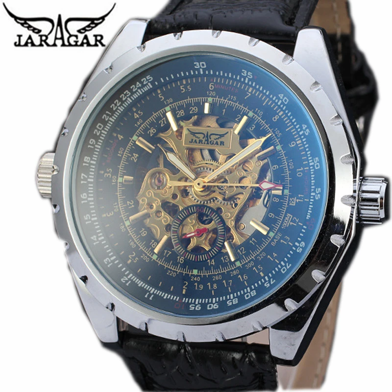 

JARAGAR Fashion Skeleton Design Transparent Case Gold Watch Mens Watches Top Brand Luxury Mechanical Male Wrist Watch