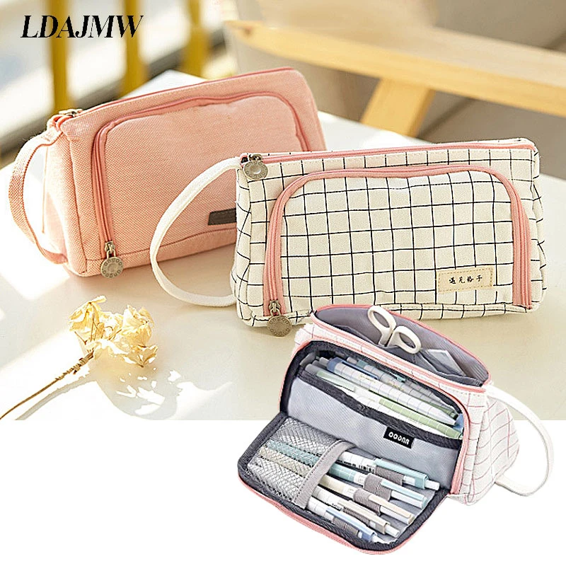 

Large-capacity Cotton And Linen Pen Storage Bag Multi-function Ladies Cosmetic Bag Simple Plaid Stationery Bag School Supplies