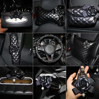

Camellia Black Flower Car Steering Wheel Cover Leather Car Neck Waist Pillow Universal Car Styling Headrest Cushion Women