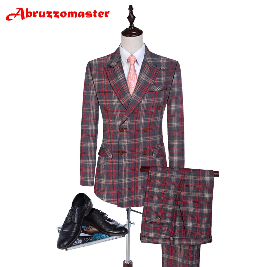 

Abruzzomaster Plaid Suit Double Breasted Man Suits Tweed Jacket 2 Pieces Tailor Suit Red Check Wedding Suits Groom Tuxedos