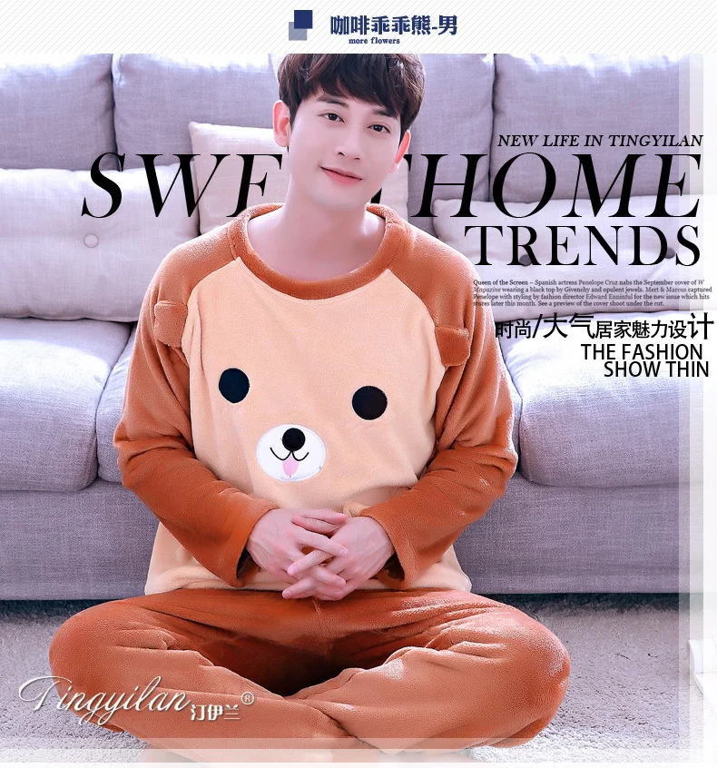 Men Pajama Sets Winter Autumn Coral Fleece Warm Men Sleepwear Suits Thick Homewear Long Sleeve Pijama Man Sleep Pyjama XXXL