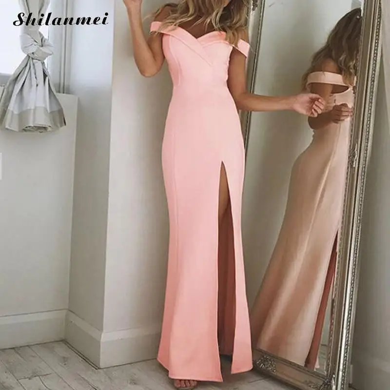 Sexy Off Shoulder Long Dress Women Elegant Slim Split Skinny Maxi Dresses 2018 Summer Bodycon Party Club Vestidos Robe Femme Ete Dresses