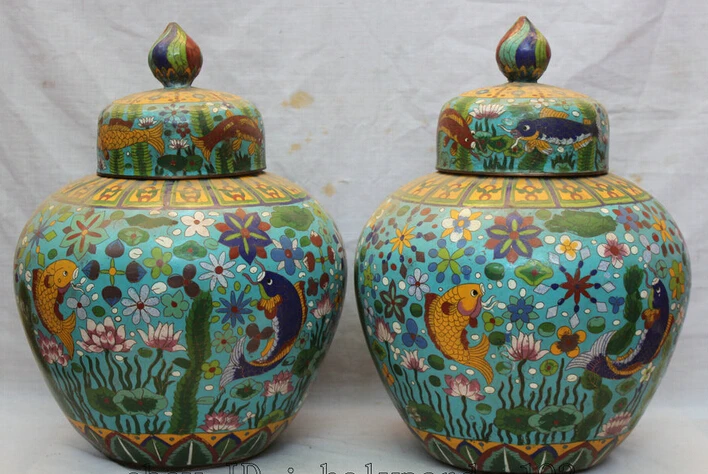 

huij 006789 17" Chinese Palace Cloisonne Enamel Bronze Flower Fish Pot Jar Crock Pair