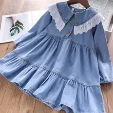 Джинсовое платье с оборками для девочек модные осенние платья для девочек 2-7 лет, HW152