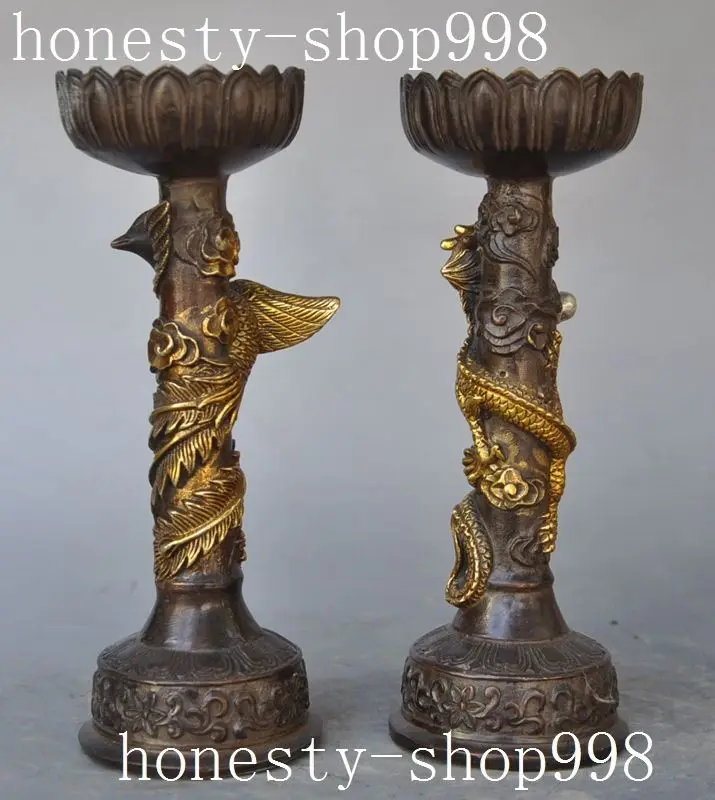 

Crafts statue Old Chinese Bronze Gilt Dragon Phoenix bird statue Candlestick Candle Holder