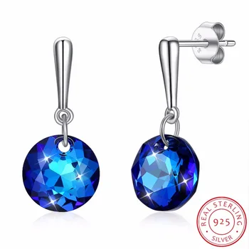 

LEKANI Round Blue Crystal Drop Earring Crystals From Swarovski For Women 925 Sterling Silver Fine Jewelry Best Friends Gift