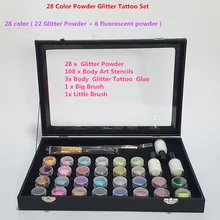 28 цветов пудра для временных татуировок горячая Распродажа набор блестящих татуировок для художественного дизайна тела краска с трафаретом клей и кисти Ttattoo набор