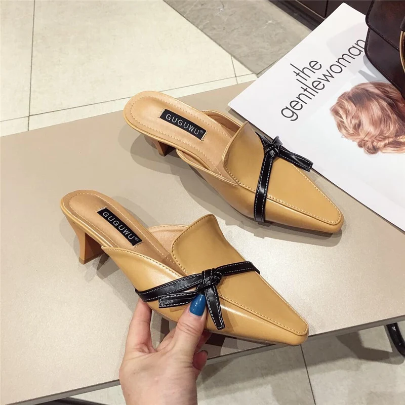 

2019 New Summer Luxury Women Baotou Half Slippers Pointed Toe Square Low High Heels Lady Slides Women Fashion Brand Mules Shoes
