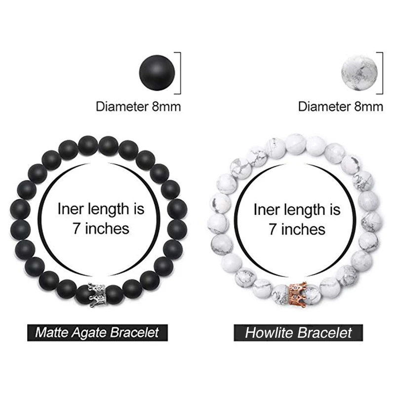 HIYONG King&Queen Crown Distance Couple Bracelets Matte Agates White Howlite CZ Crown 8mm Beads Bracelet Natural Stone Jewelry