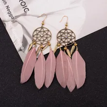 Amader 2018 Pink Boho Feather Earrings For Women Brincos Bijoux Charm Vintage Dreamcatcher Leaves Tassel Drop Earrings HQE945 dreamcatcher design feather drop earrings