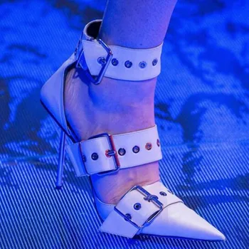 

2019 New Runway Womens Punk Buckle Ankle Strap Genuine Leather Sandals Pointed Toe Metal High Heels Stilettos Sandals Plus Size