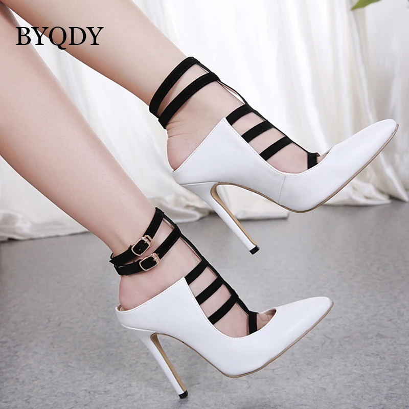 

BYQDY 2018 Spring Autumn White Leather Dress Pumps Shoes Women High Heels Pumps Ladies Buckle Shoes Female Pointed Toe Size 40
