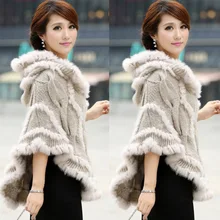 Осень и зима, женская меховая вязаная накидка из кроличьего меха, благородная элегантная верхняя одежда с капюшоном, плащ