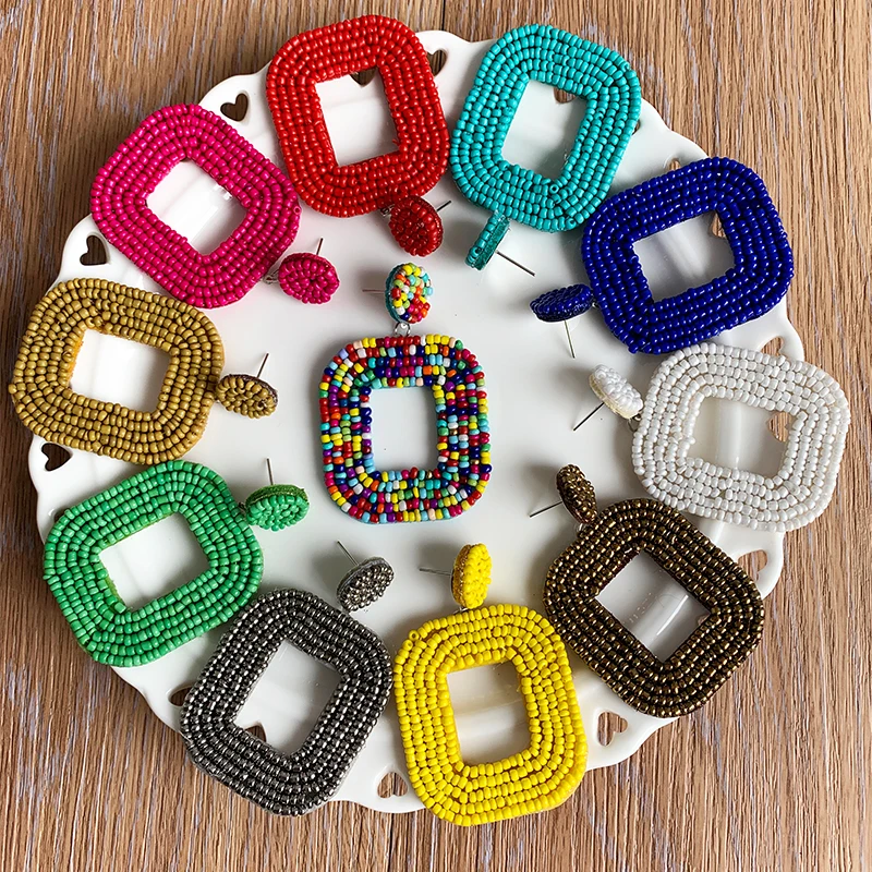 

2019 Handmade Beaded Earrings Jewelry Wedding Bridal Special Gift Bohemian Green Color Square Fringed Drop Dangle Earrings Party