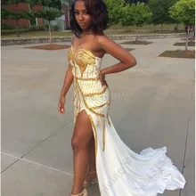 Abendkleider Weiß Meerjungfrau Langes Abendkleid High Side Split Gold Kristalle Perlen Dubai Mode Frauen Prom Party Kleider 2016