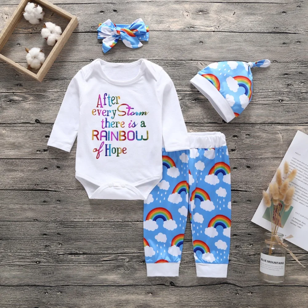 Newborn Baby Boys Rainbow Print Bodysuit Tops Pants Headband+Hat Outfits Set 4pcs Clothes