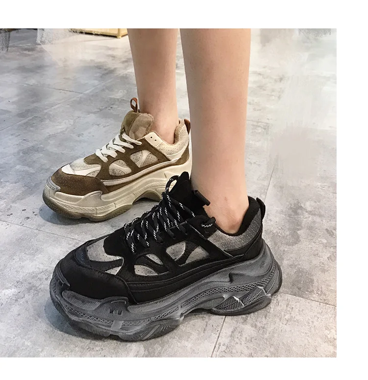 Грязные женские кроссовки в стиле ретро; винтажные женские кроссовки на платформе; обувь на толстой подошве; женские кроссовки из натуральной кожи на плоской подошве