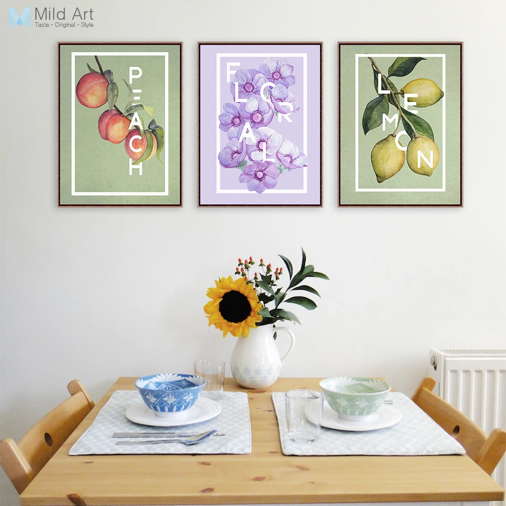 

Triptych Modern Fruits Lemon Flowers Posters Prints Letter Wall Art Picture Nordic Style Home Kitchen Decoration Canvas Painting